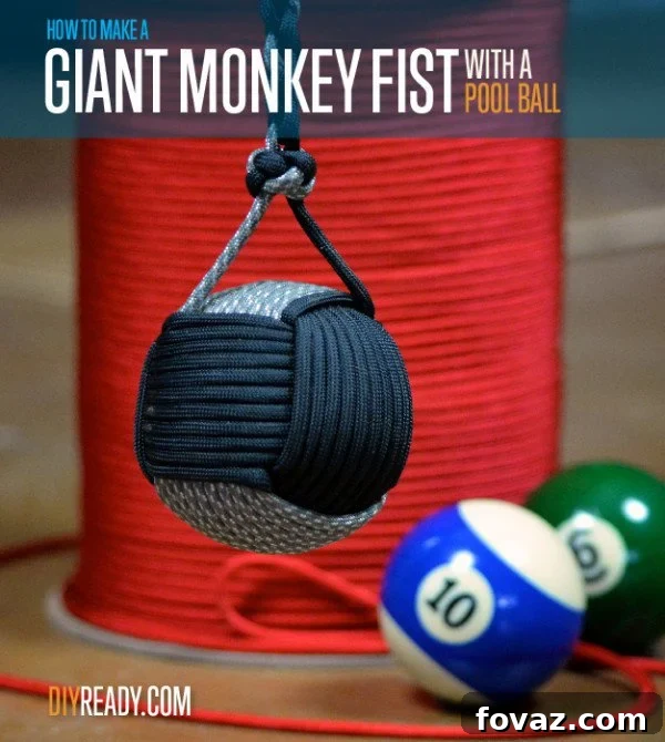 Learn how to make a durable and effective giant monkey fist paracord project with a pool ball core, perfect for DIY enthusiasts and survivalists.