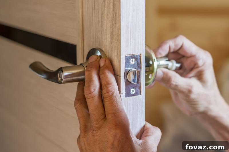 Man repairing doorknob closeup workers hands. A close-up shot of a person's hands installing a new, modern doorknob on a white door, suggesting an easy interior design hack for renters.
