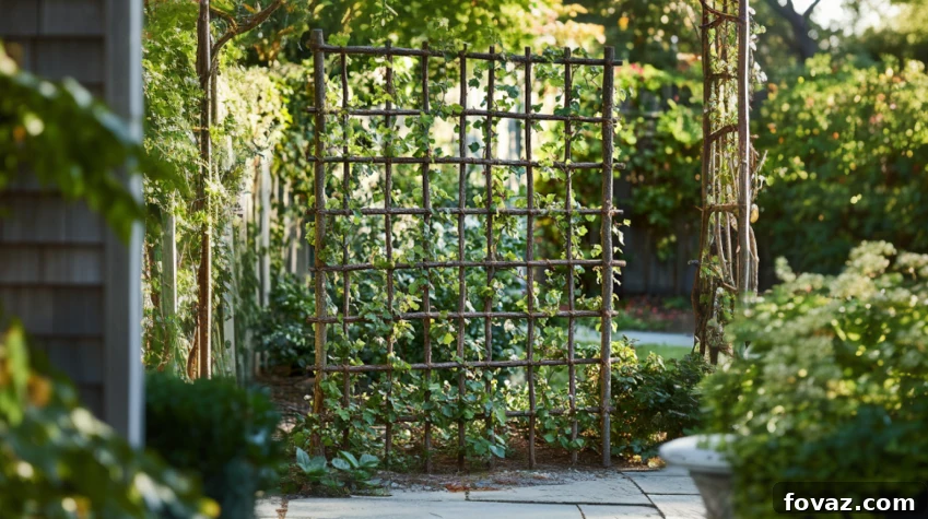 DIY Trellis Transform Your Garden Vertically 2 A beautifully crafted homemade trellis supporting vibrant climbing plants in a garden, illustrating vertical gardening.