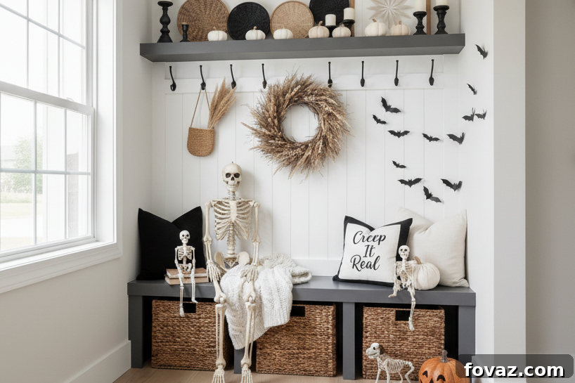 A Ghastly Welcome: Halloween Mudroom Decor Ideas for a Frightful Entryway 3 Mudroom bench decorated with pumpkins and a skeleton