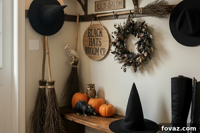 A Ghastly Welcome: Halloween Mudroom Decor Ideas for a Frightful Entryway 4 Mudroom hooks holding witch hats and a broom in a basket