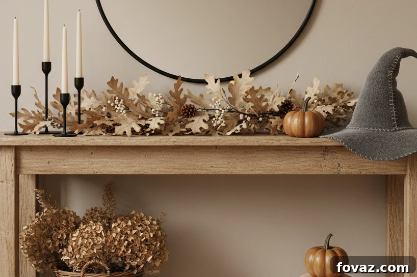 A Ghastly Welcome: Halloween Mudroom Decor Ideas for a Frightful Entryway 6 Mudroom garland with fall leaves and mini pumpkins