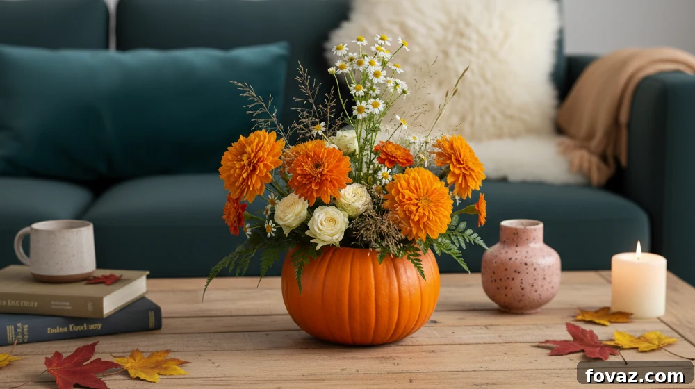 6 Showstopping Thanksgiving Centerpieces for Your Holiday Feast 3 A medium-sized pumpkin hollowed out and filled with fall flowers and greenery, serving as a natural vase.