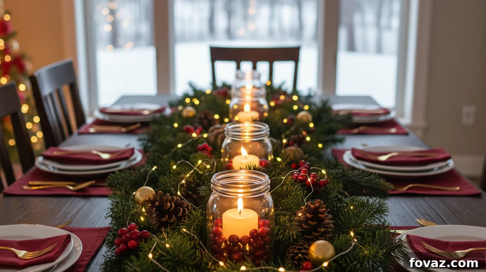 6 Showstopping Thanksgiving Centerpieces for Your Holiday Feast 4 Clear glass jars filled with water, floating cranberries, rosemary sprigs, and small lit floating candles.