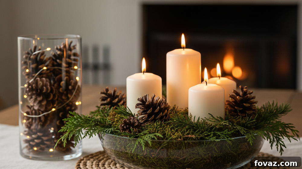 6 Showstopping Thanksgiving Centerpieces for Your Holiday Feast 5 Neutral LED taper candles of varying heights clustered with eucalyptus and olive branches on a table runner.