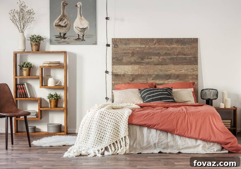 Beautiful bedroom interior with king size bed wooden headboard | DIY Headboard and Bedframe