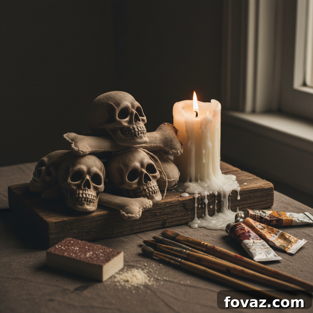 DIY Halloween Skull and Bones crafting materials laid out for a spooky decor project.