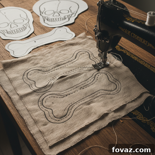 Muslin fabric with traced skull and bone patterns ready for sewing Halloween decorations.