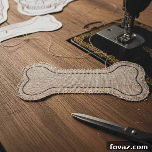 Trimmed muslin fabric shapes for Halloween skull and bones, showing clipped curves.