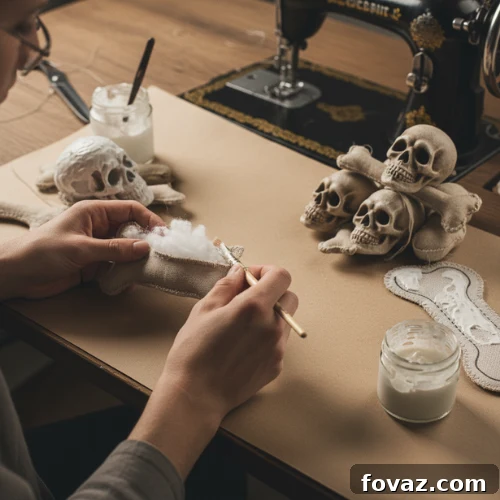 Muslin skull and bone shapes being stuffed with fiberfill, ready for gesso application.