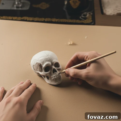 Transferring face patterns onto the painted skull and eyeball Halloween decorations.