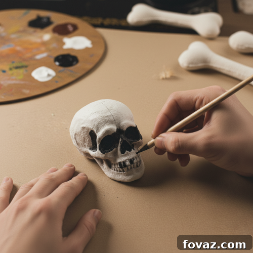 Painting the intricate details of eyes and teeth on DIY Halloween skull decorations.