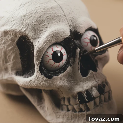 Adding red veins and black pupils to the eyes, and white highlights to the skull features.