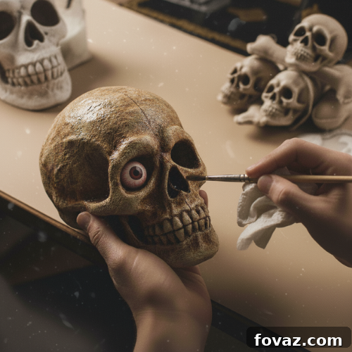 Applying watered-down brown paint to skulls and bones for an aged, weathered Halloween effect.