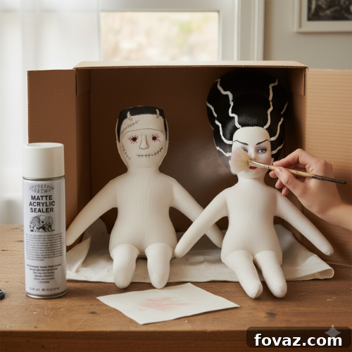 Sew Your Own Spooky Sweethearts Frankenstein Cloth Dolls 12 Applying red oil pastel for Mrs. Frankenstein's rosy cheeks and sealing faces with a matte acrylic sealer