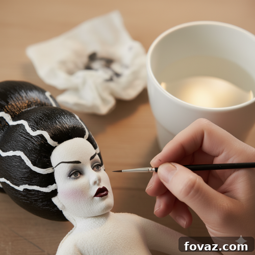 Sew Your Own Spooky Sweethearts Frankenstein Cloth Dolls 9 Painting Mrs. Frankenstein's eyes with shades of purple and her lips with dark burgundy, adding color and depth