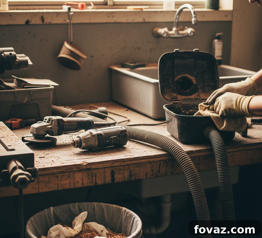A woodworking shop vacuum hose being checked for clogs, with pleated filters and dust collection attachments visible on a workbench. This highlights essential dust management for tool maintenance.