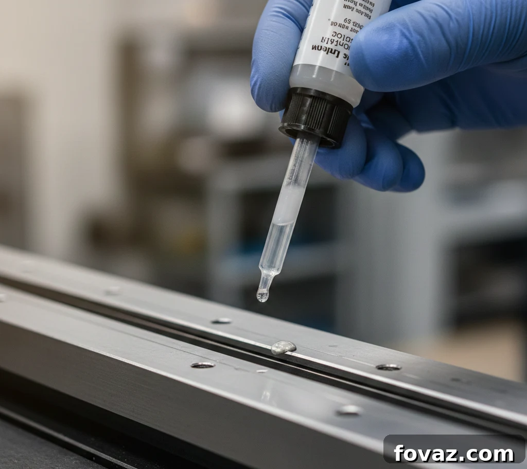 A hand applying dry lubricant to the rails of a woodworking tool, emphasizing the importance of lubrication for smooth movement and reduced wear. Fasteners are also visible, hinting at their importance in tool maintenance.
