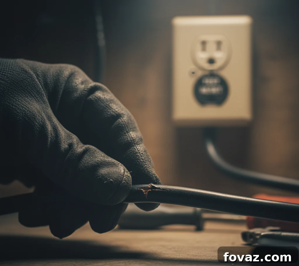 A close-up shot of a power tool's electrical cord being inspected for nicks and damage, with a GFCI outlet tester and tool guards visible in the background, reinforcing safety as a core aspect of tool maintenance.