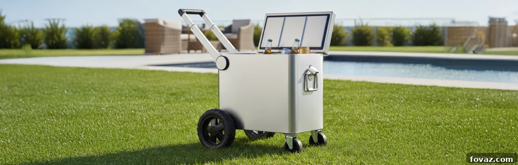 Mobilize Your Refreshments: DIY Party Cooler on Wheels 2 DIY rolling cooler cart on grass next to a pool, featuring a handle, caster wheels, and bottles inside, ready for outdoor events or tailgates