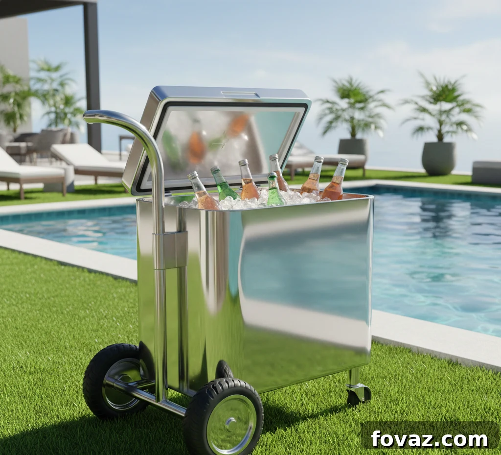 Mobilize Your Refreshments: DIY Party Cooler on Wheels 3 Close-up of a finished DIY rolling cooler cart on a wooden deck, showing the sturdy 2x4 frame, wooden slats for the platform, and robust caster wheels, ready to hold a large cooler.