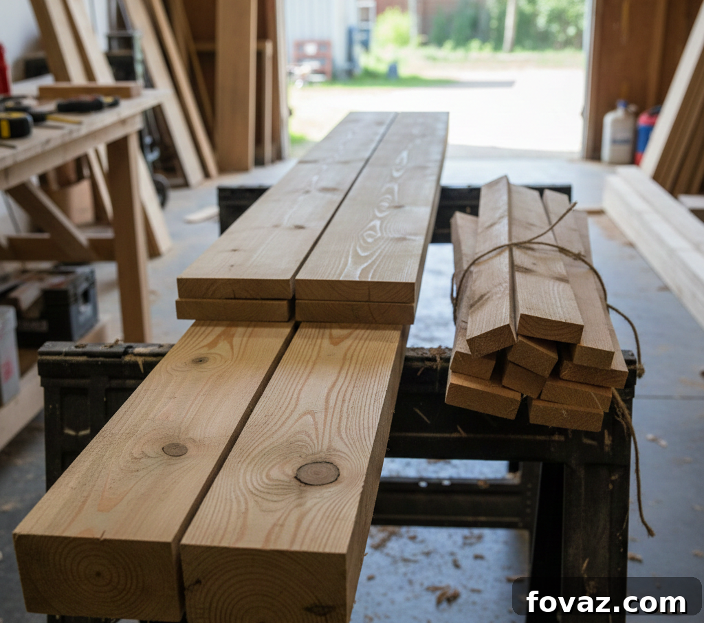 Mobilize Your Refreshments: DIY Party Cooler on Wheels 4 A collection of lumber on a wooden surface, including 2x4s and 1x4s, prepared for a DIY project like a rolling cooler cart.