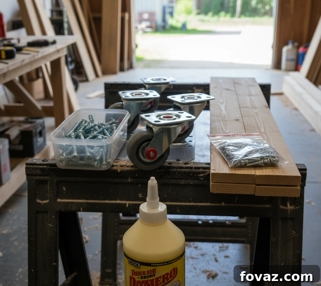 Mobilize Your Refreshments: DIY Party Cooler on Wheels 5 Various hardware items for woodworking projects, including exterior wood screws of different sizes, and a set of swivel casters, laid out on a wooden surface.