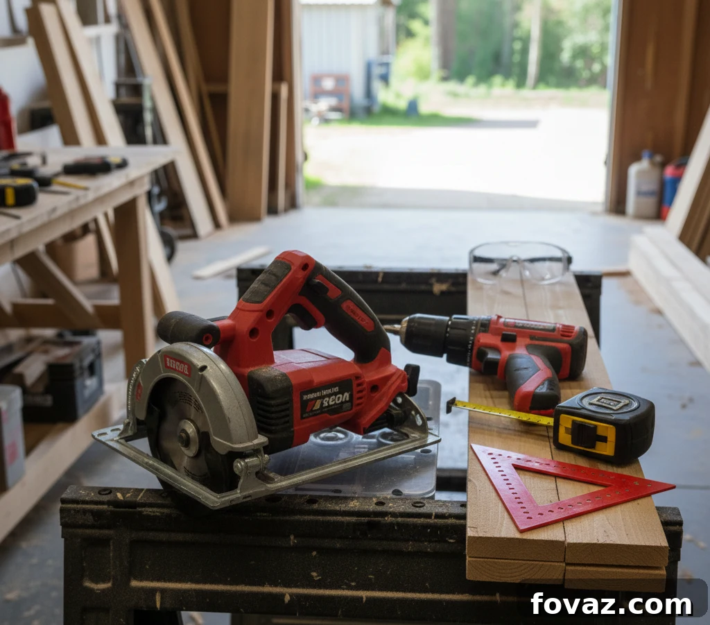 Mobilize Your Refreshments: DIY Party Cooler on Wheels 6 A selection of essential woodworking tools, including a circular saw, drill/driver, measuring tape, speed square, and pencil, ready for a DIY project.