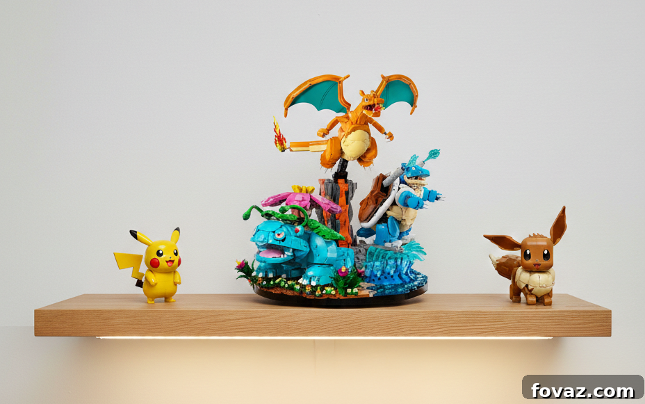 3 Genius LEGO Pokémon Display Hacks for Jaw-Dropping Showcases 5 A close-up of a LEGO Pokémon display, highlighting subtle LED lighting enhancing the scene.