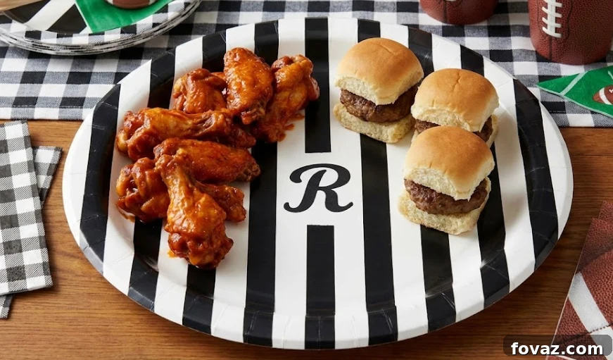 DIY referee-striped platters made with white paper plates and black electrical tape.