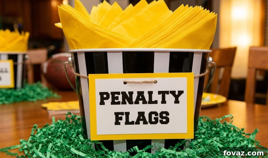 DIY penalty flag napkins made from yellow paper napkins and rubber bands.