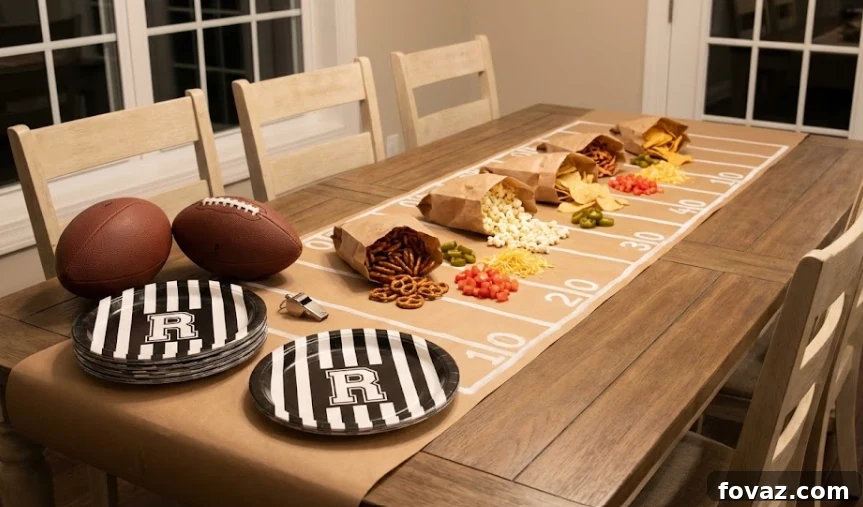 DIY kraft paper end-zone table runner made from brown grocery bags with 'END ZONE' written in black marker.