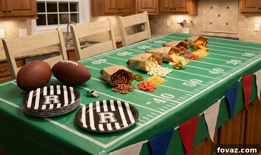 DIY football field tablecloth made with a green plastic tablecloth and white masking tape.