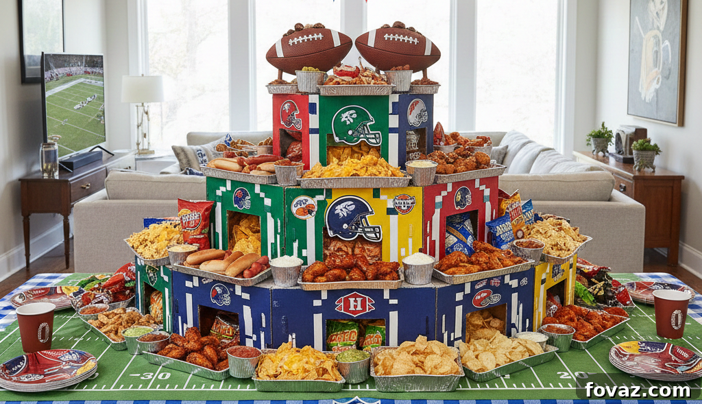 DIY modular snack stadium made from recycled cardboard boxes and foil pans, filled with chips and dips.