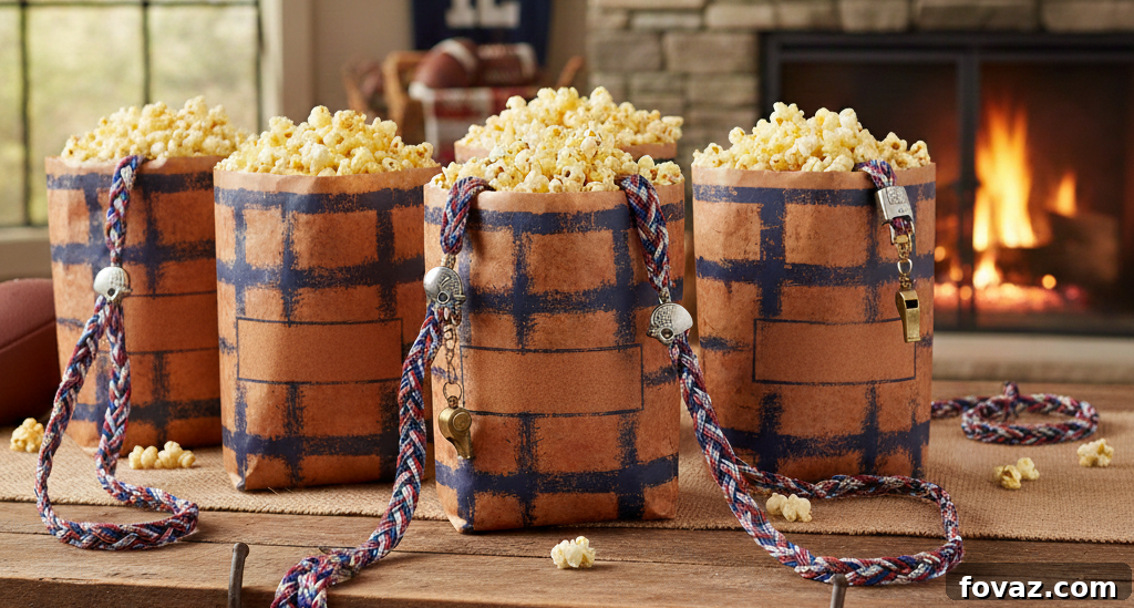 DIY football popcorn bags made from brown paper lunch bags and white masking tape for laces.