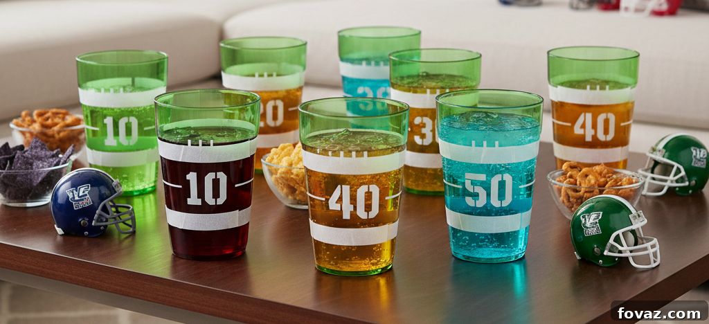 DIY yard-line drink cups made from green plastic cups, white masking tape, and a black marker.
