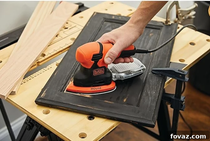 Palm sander working on intricate furniture details