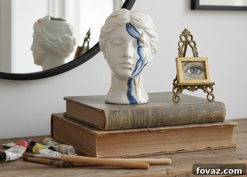 Thrifted easel displaying textured art on a console table