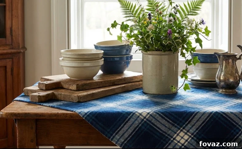 Dining table styled with a plaid runner and layered stoneware