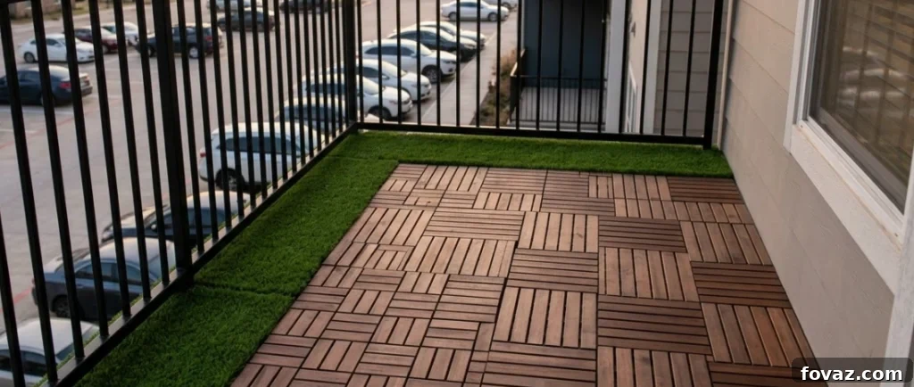 Small balcony transformed with interlocking deck tiles and string lights