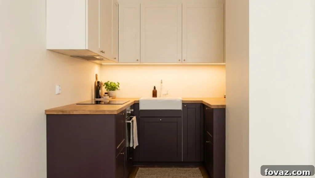 Kitchen lower cabinets painted in a bold aubergine color for a modern look