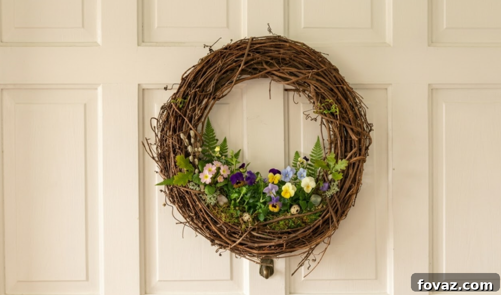 DIY Spring Equinox wreath with greenery and ribbons on a front door