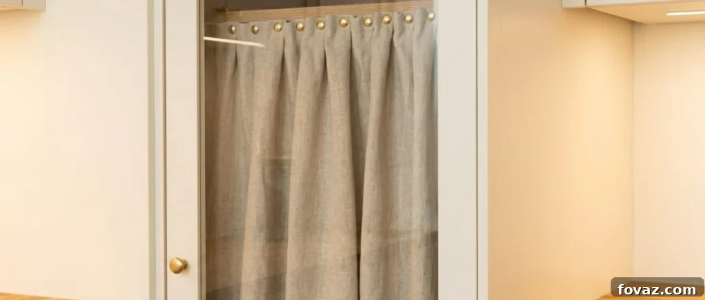 Pantry door with a linen curtain hiding contents, offering a clean look