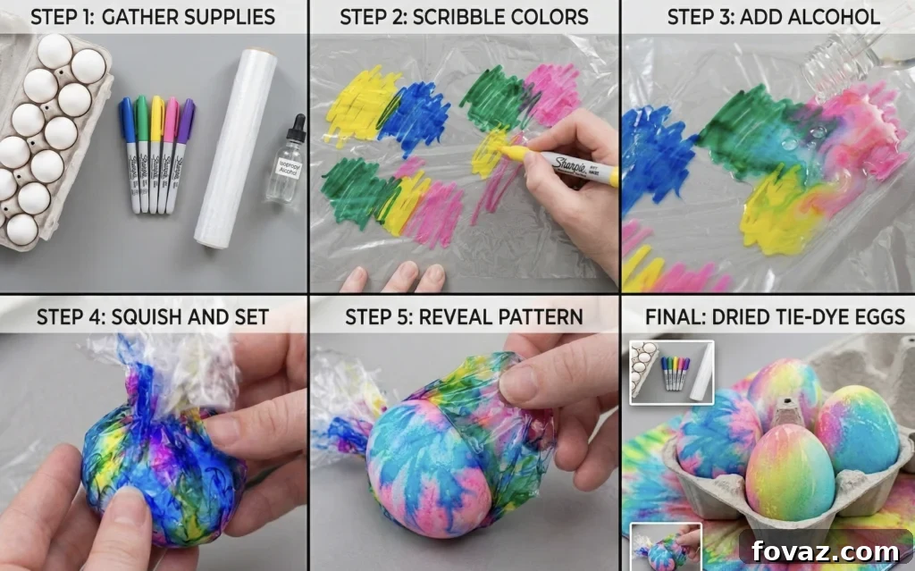 A selection of vividly colored tie-dye Easter eggs, showcasing beautiful marbled patterns created with Sharpie markers and alcohol.