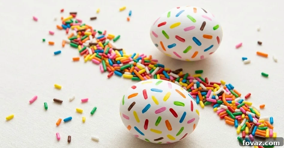White Easter eggs decorated with colorful marker 'sprinkles' in various pastel shades.
