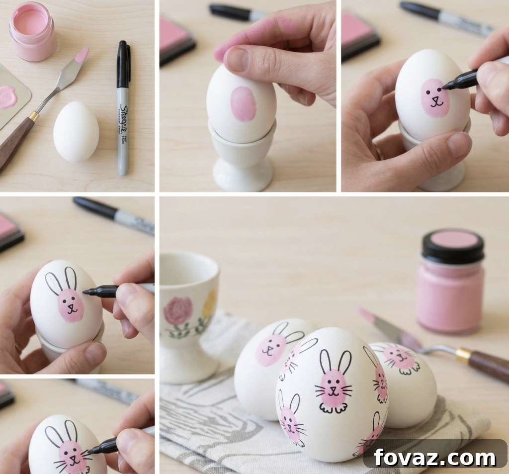 A white Easter egg decorated with a pink thumbprint bunny, complete with black marker features and ears.