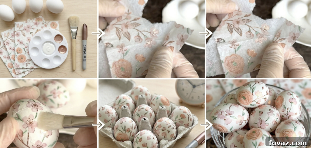 White Easter eggs beautifully decorated with delicate floral patterns using decoupage technique with napkins.