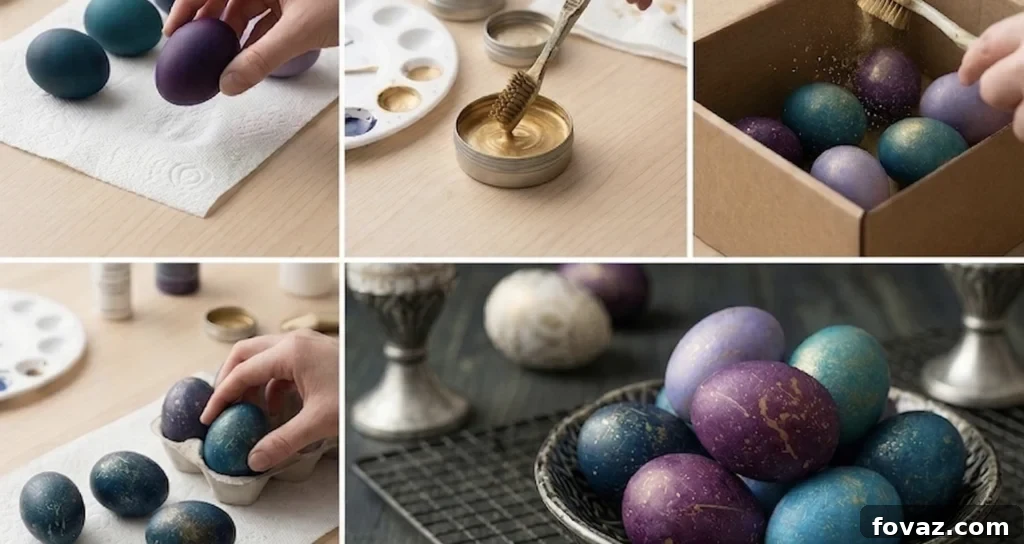 Dark blue and purple galaxy-themed Easter eggs with gold speckles, resembling a starry night sky.