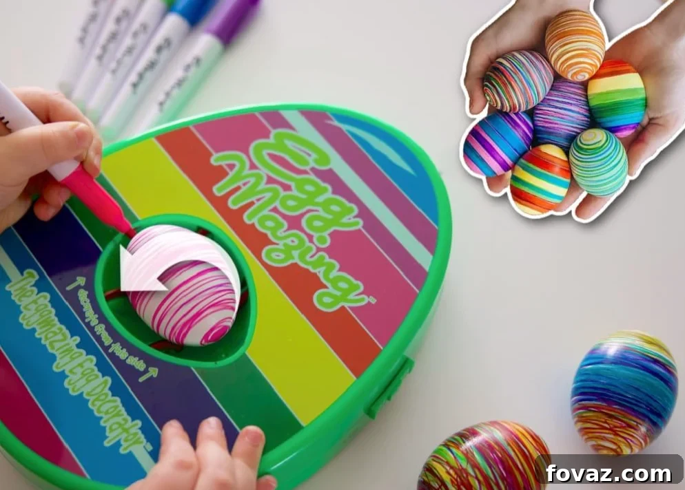 A child using an EggMazing decorator machine to apply colorful stripes to an Easter egg.