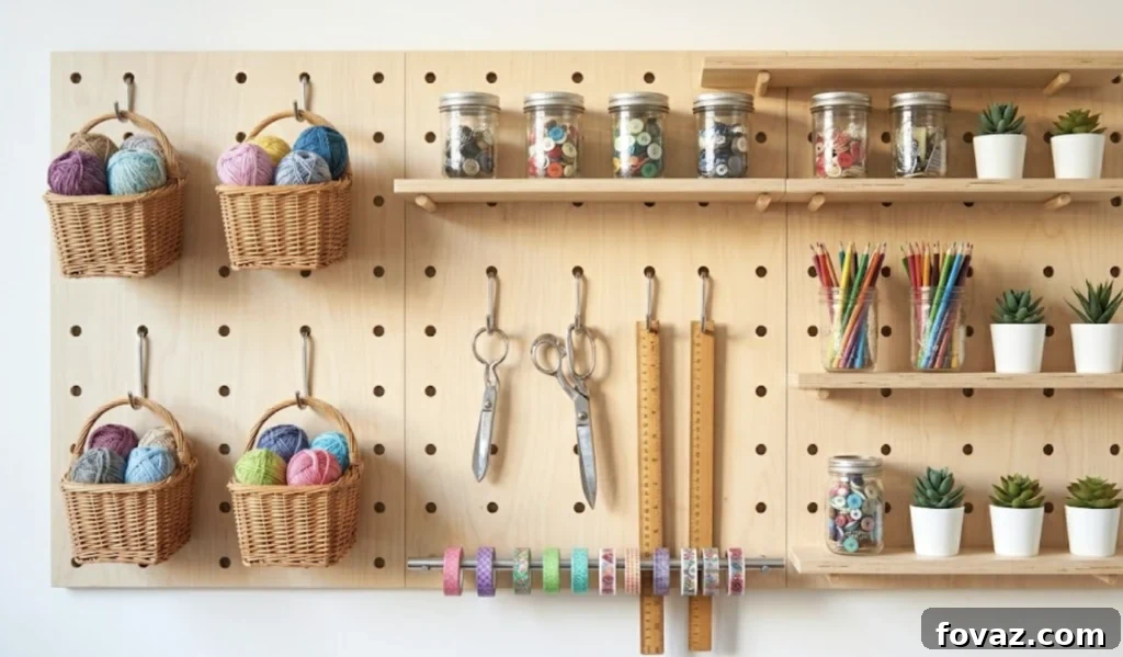 Organized craft room pegboard with supplies